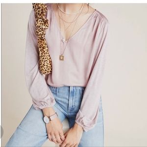 Anthropologie x Velvet by Graham and Spencer Pink Satin V Neck Edana Top med